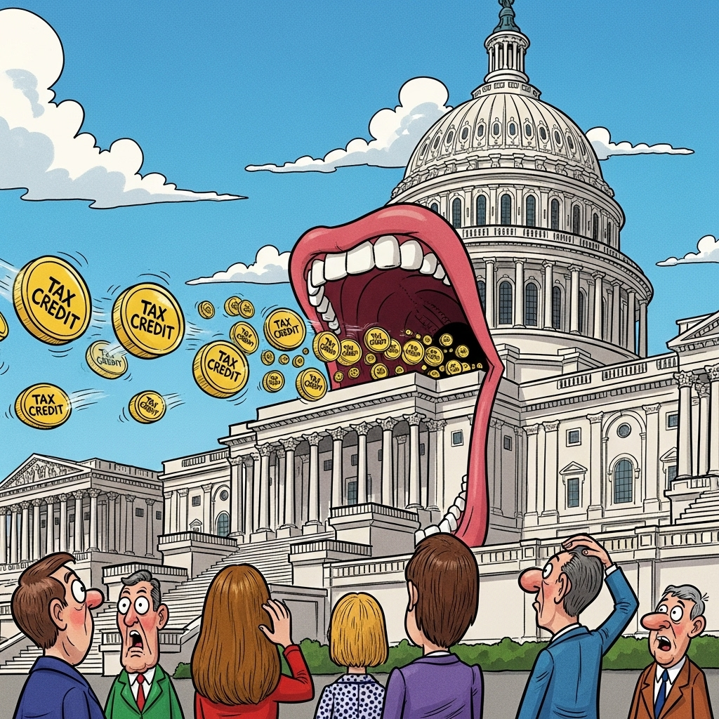 Political cartoon showing the Capitol building consuming tax credits - illustrating how government changes are eliminating solar incentives